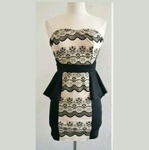 Tan & black pattern strapless dress